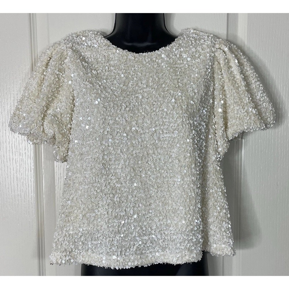 Entro Top Womens Small Ivory Sequin Sparkle Fairy Angel Glitter Party Glam Puff